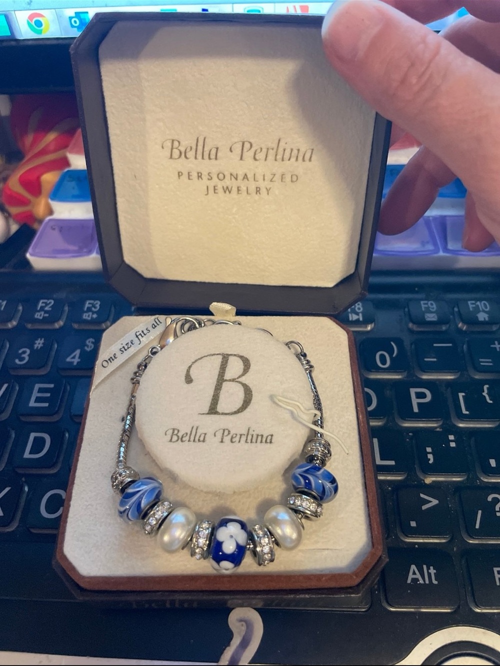 bella Perlina Blue & White Glass Bead Bracelet with Silver Accents